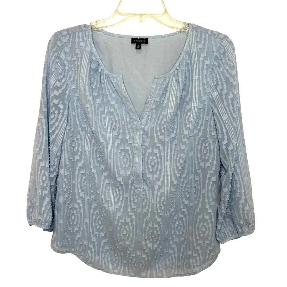 Talbots Textured Popover Blouse Baby Blue 3/4 Sleeve Women’s Small